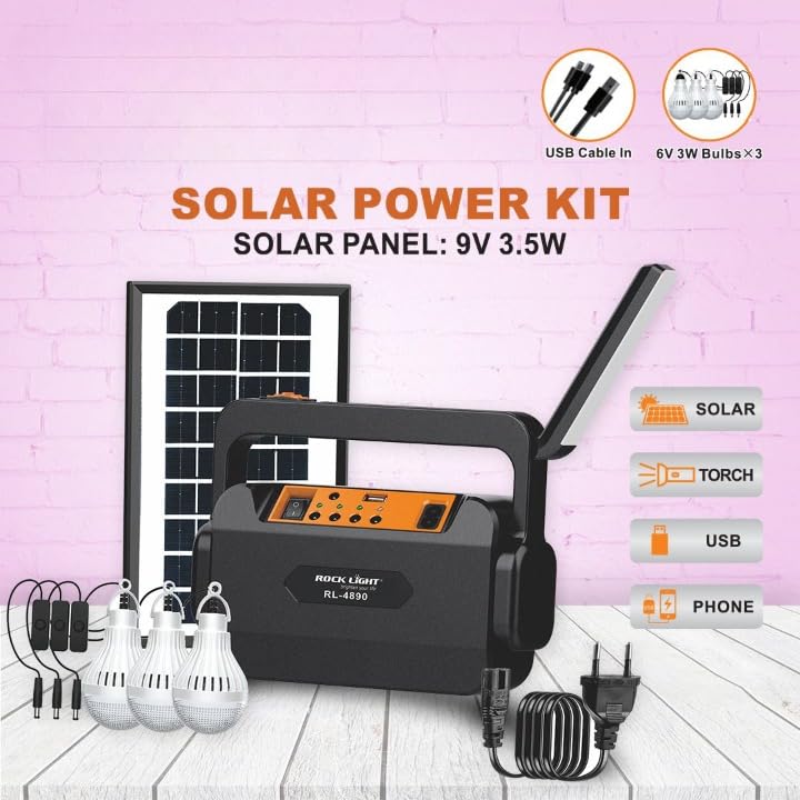 Emergency Portable Solar Inverter with 3 Individual 6 Volt LED Hanging Bulbs with 3.75 m Long Wire and AC/DC USB Socket with USB Wire for Mobile Charging, USB Cable (Micro USB + Type C)