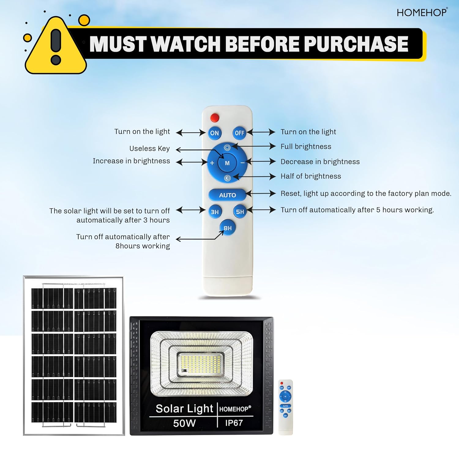 Homehop Solar Light Outdoor Home 50W Flood Led Waterproof Automatic Wall Mount Lamp for Home,Garden, Balcony, Patio with Remote Control (6 Ah,ABS, 84LED