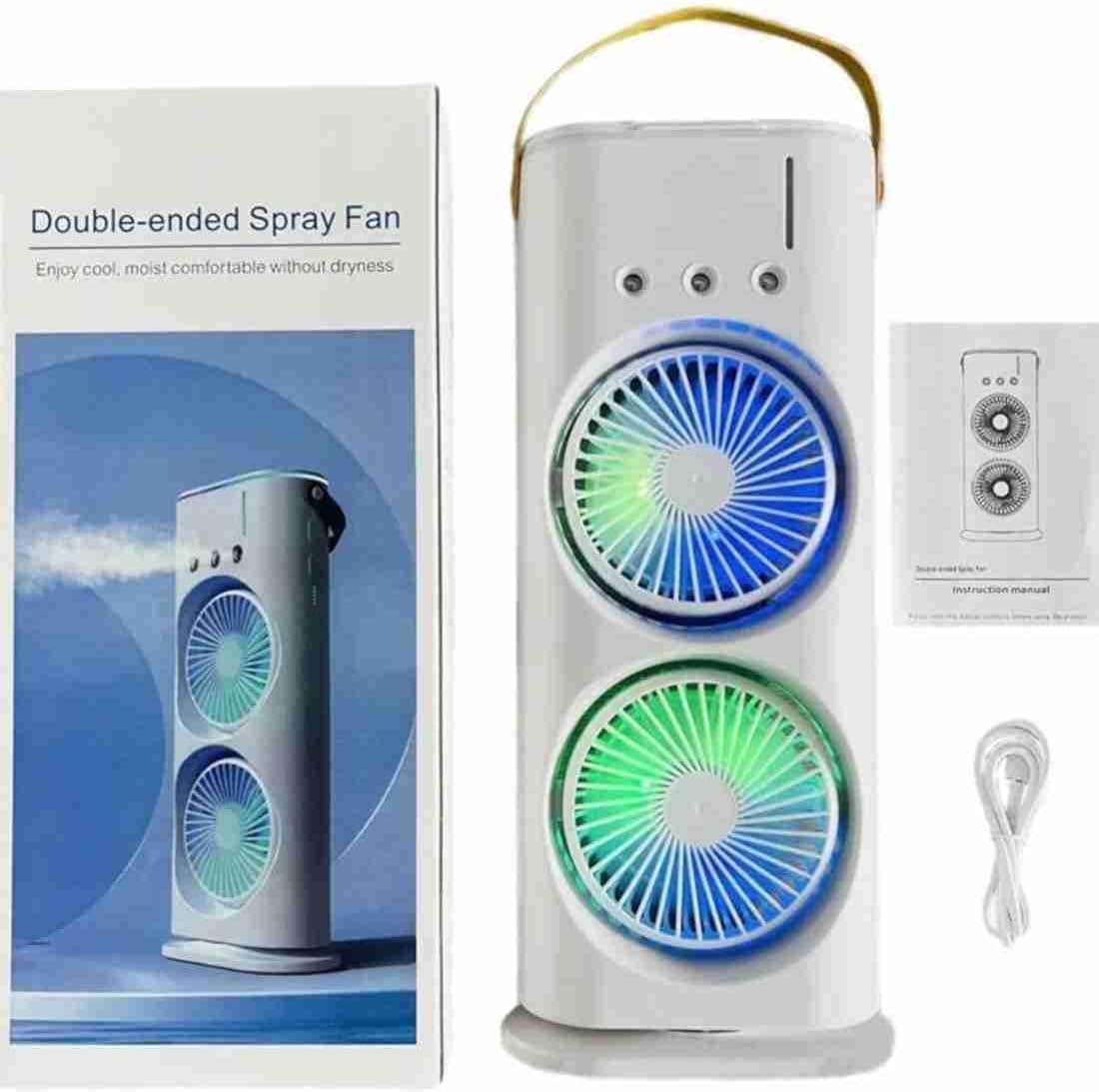 5 𝐘𝐞𝐚𝐫𝐬 𝐖𝐚𝐫𝐫𝐚𝐧𝐭𝐲) Portable Double Headed Mini Air Cooler Fan with Mist Humidifier | 3-Speed USB Rechargeable Oscillating Fan with LED Light, Ice Filling