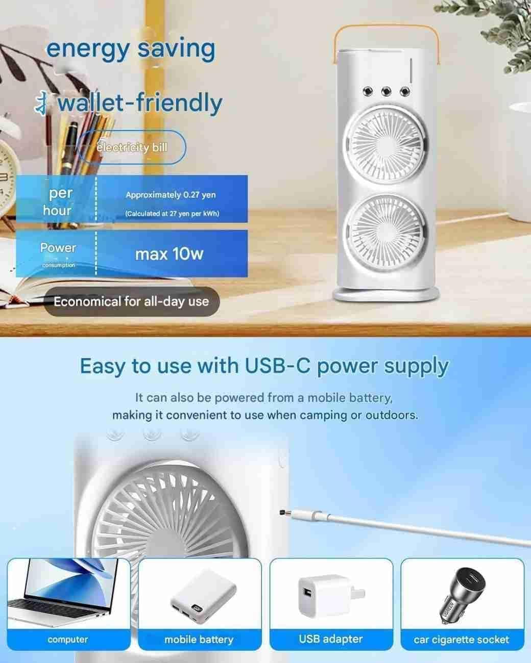 5 𝐘𝐞𝐚𝐫𝐬 𝐖𝐚𝐫𝐫𝐚𝐧𝐭𝐲) Portable Double Headed Mini Air Cooler Fan with Mist Humidifier | 3-Speed USB Rechargeable Oscillating Fan with LED Light, Ice Filling